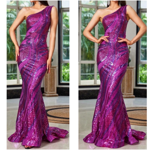 Luxe Sequin One Shoulder Party Evening Wedding Prom Dress - Picture 7 of 9